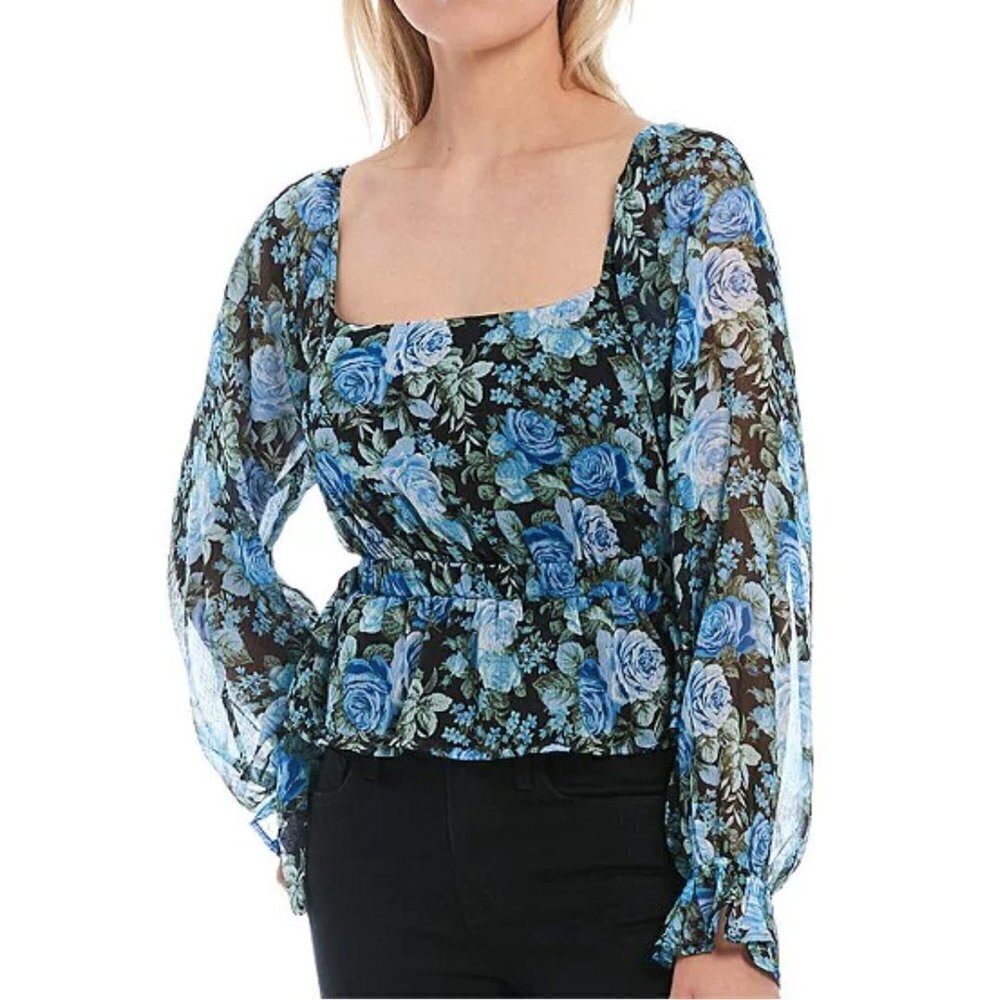 WAYF Rose Floral Square Neck Blouson Sleeve Cut Out Back Smocked Peplum Top NWT